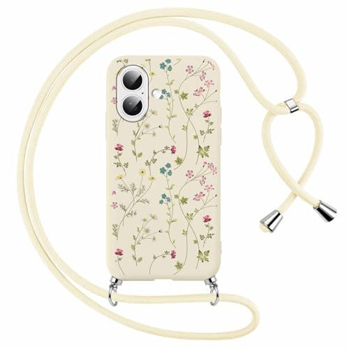 Xylota Coque Cordon pour iPhone 16 6,1,Étui Collier Réglable Tour de Cou Lanière Corde Case avec Aesthetic Motif Fleur, Mince Silicone Souple TPU Antichoc Lanyard Housse Cover, Beige