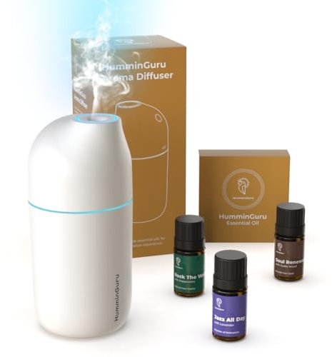 HumminGuru Ultraschall-Diffusor für ätherische Öle mit Lavendel, Pfefferminze und Zedernholzölen – 90 ml Weißer Aroma-Diffusor für Zuhause & Auto – 20 Minuten Auto-Stop für Aromatherapie