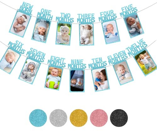 Blue 1st Birthday Baby Photo Banner for Boys Girls Newborn to 12 Months Party Decoration, Monthly Milestone Photograph Bunting Garland, First Birthday Celebration Decoration