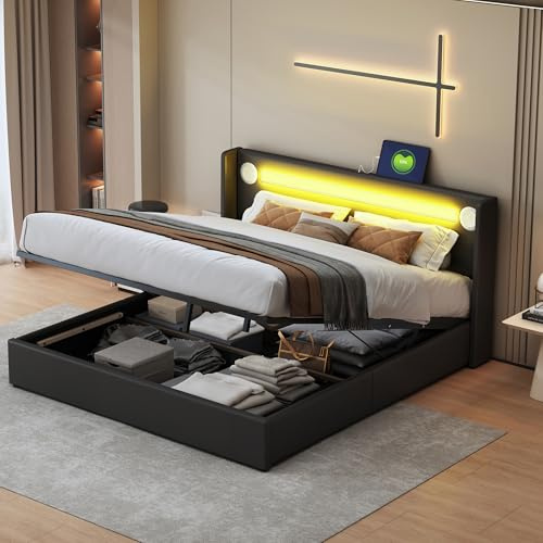 Wiuzo Polsterbett 160x200 Bett mit LED-Lichtleiste, Bluetooth-Player und USB-Aufladung, Stauraumbett aus PU-Leder, Hochbettkasten, Doppelbett mit Lattenrost Schwarz