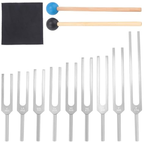 Boddceto Tuning Forks Set 9Pcs 174/285/396/417/528/639/741/852/963Hz Tuning Fork,Sound Healing Tool Set for Healing Chakra Silver