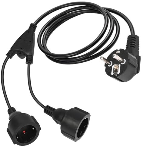 Dreamhigh® Doppelstecker für Steckdose,1.7M 2 in 1 Steckdosenadapter mit Flexible Kable, 250 V, 16 A, 3680 W, PVC-Isolierung, Verlängerungskabel Doppelstecker für Haus, Büro, Küche, Schwarz