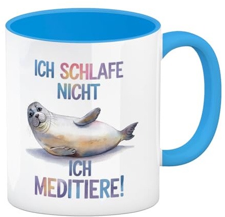Robbe - schlafe nicht sondern meditiere Kaffeebecher in hellblau lustiger Spruch Tasse ideal fürs Büro