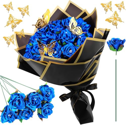 Riceshoot 25 Sets Ribbon Rose Bouquet DIY Fake Roses with Stems Faux Flowers Bouquet Kit Wrapping Paper Crown 3D Butterflies for Graduation Anniversary Birthday Wedding Gift(Blue)