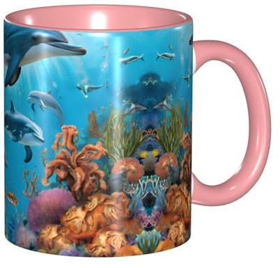 DZBDWZXH Pink Ceramic Coffee Mugs 11oz, (Dolphins Sea Turtle Octopus Coral Reef) Print Restaurant Coffee Mug for Coffee,Cappuccino,Tea,Cocoa,Cereal