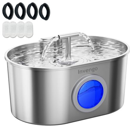 Invengo Fontaine à Eau pour Chat – 2,2 L Grande capacité, Pompe Ultra-silencieuse, Circulation d’Eau à 360°, Double Sortie d’Eau, Facile à Nettoyer, Acier Inoxydable 304, 4 filtres de Rechange Inclus