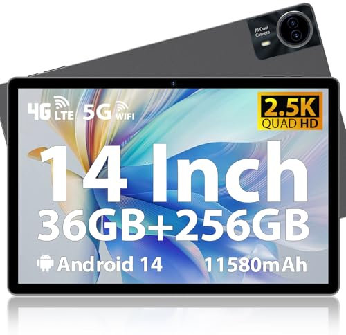 MAXLEGEN Tablet Android 14, Ecran 14 FHD 2,5K, 36Go RAM + 256Go ROM(1To Extensible), Android Tablette Tactile avec SIM 4G LTE/5G WiFi/GPS/13MP/Octa-Core/11580mAh, Étui, Écouteurs, Stylo Inclus