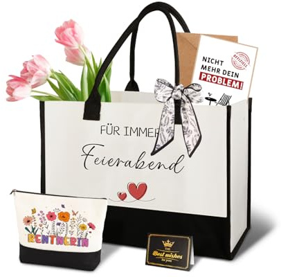 Giftota Rentnerin Geschenk Set – Rentner Geschenk Frau Renteneintritt Abschiedsgeschenk Ruhestand Frau – Canvas Tasche, Kosmetiktasche, Karte – Lustiges Rentner Geschenkset Kollegin Mitarbeiterin
