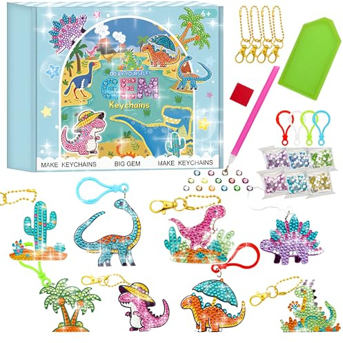 CAYUDEN 5D Diamand Painting Bastelset Kinder, 8 Stück Dinosaurier DIY Diamont Painting Schlüsselanhänger für Bastelset Kinder ab 6 Jahre, Malen Nach Zahlen für Schultüte Füllung, Zeugnis Geschenk