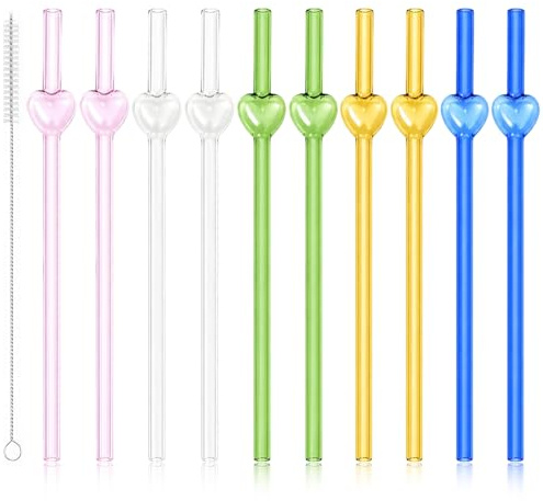 10 Pièces Paille en Verre, Pailles en Verre en Forme de Cœur Réutilisables avec 1 Brosse de Nettoyage, Pailles Colorées 200mm pour Cocktail, Paille Bubble Tea, Smoothie, Jus et Fêtes- Multicolore