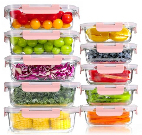 YASHE 10 Piezas Recipientes de Vidrio con Tapas Herméticas, Reutilizables, Apto para Microondas, Horno, Congelador y Lavavajillas, Sin BPA, Fiambrera Cristal, Rosa