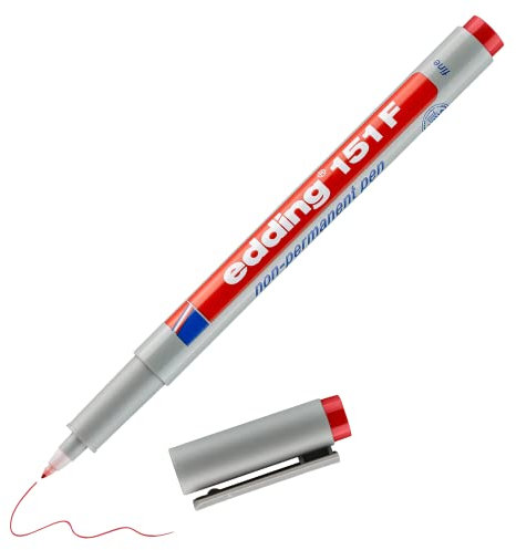 edding 151 F non-permanenter Folienschreiber - rot - 1 Stück - Rundspitze 0,6 mm - Stift zum Schreiben auf Glas, Kunststoff, Folien und glatten Oberflächen - schnelltrocknend, mit Wasser korrigierbar