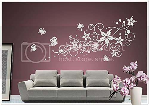 Wall Decal wall stickers living room Bedroom Children KITCHEN 30 colors for selection vine flower Butterfly butterfl wpf40(042 lilac, size2:ca.140x65cm)