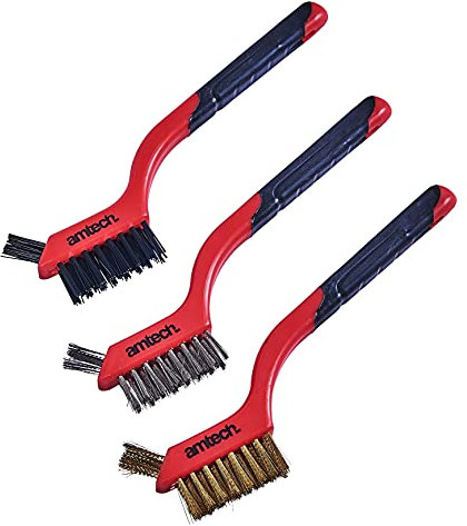 Amtech S3535 Brush Set for Intricate Cleaning, 3-piece set includes Nylon, Brass and Steel Brushes, each with 2-in-1 Mini Brush Head