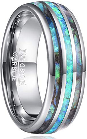 NUNCAD Ring Damen/Herren Opal Grün + Muschel silber 8mm Unisex Wolfram Ring Comfort Fit Design für Hochzeit Alltag und Jahrestag Größe 54.4 (17.3)