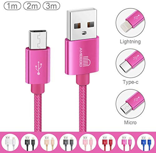 ameego [3Pack 1m+2m+3m] High Speed Strong Nylon Braided Tangle-Free 3.1A Micro USB Data Charge Cable for Samsung, HTC, Nokia, Sony, Kindle, Speaker, Power bank and More Micro USB Devices (Hot Pink)