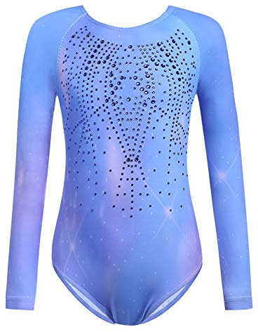 trudge Kinder Turnanzug Gymnastikanzug Mädchen Leotard Langarm Ärmellos Trikot Training Dancewear Gymnastikbody Tanzbekleidung Wettkampf 3-12 Jahre, Sternenblau, 120