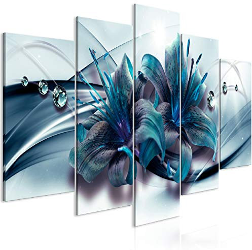 decomonkey Bilder Lilie Abstrakt 200x100 cm 5 Teilig Leinwandbilder Bild auf Leinwand Wandbild Kunstdruck Wanddeko Wand Wohnzimmer Wanddekoration Deko Blumen blau