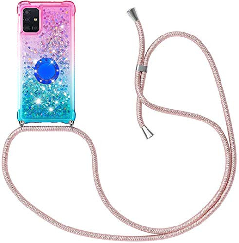 HongMan Handykette Hülle für Samsung Galaxy A51, Smartphone Necklace Glitzer Transparent Silikonhülle mit Band - Handyhülle Case mit Stylische Kette zum umhängen, Pink + Blau