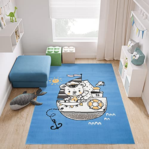 TAPISO Jolly Teppich Kurzflor Kinderzimmer Schlafzimmer Spielmatte Blau Grau Gelb Bärchen Tiere Schiff Design 140 x 200 cm