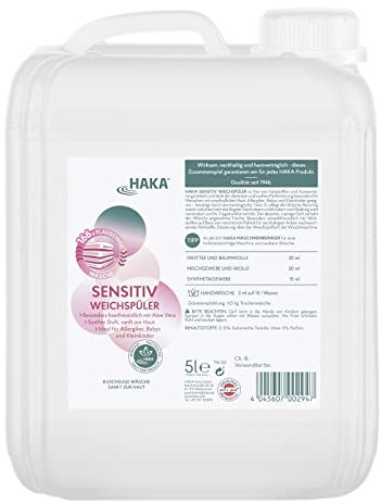 HAKA Sensitiv Weichspüler, vermindert Knittern, für Kinder & Allergiker geeignet, für 166 Waschgänge, frischer Duft, 5l