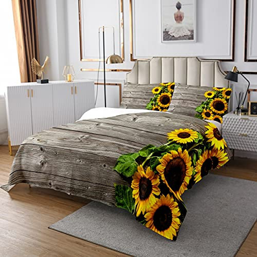Homewish Sonnenblume Tagesdecke Gelbe Blumen Tagesdecke Für Kinder Mädchen Teens Frauen,Blumen Pastoralen Rustikalen Stil Quilt Set Retro Vintage Bretter Gestepptes Schlafzimmer Dekor 220x240