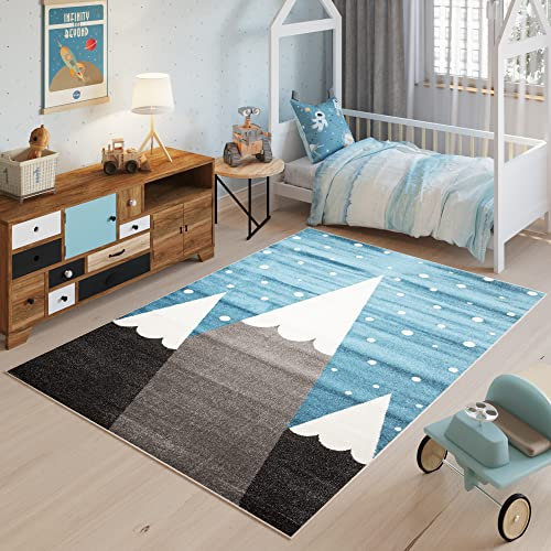 TAPISO Fiesta Teppich Kurzflor Blau Weiß Braun Gebirge Berge Schnee Himmel Kinderzimmer Jugendzimmer Spielmatte Modern Design 120 x 170 cm