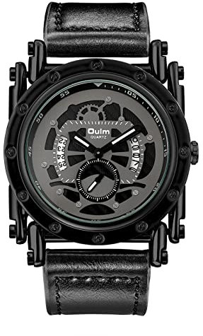 JewelryWe Herrenuhr Analog Quarz Datum Kalender Skelett Armbanduhr Männer Leder Armband Casual Sport Uhr Punk Schwarz