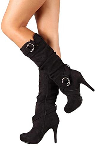 shownicer Donna Stivali Classico Moda Plateau Tacco Alto Stivali al Ginocchio Autunno Inverno Scamosciato Pelle Lunghi Stivali A Nero 43 EU