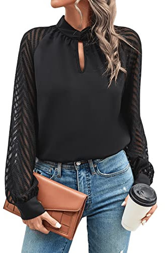 GORGLITTER Damen Blusen Elegant Hemdbluse Mesh Raglanärmel Oberteil Langarmshirt Business Outfit Blusetop Schwarz M