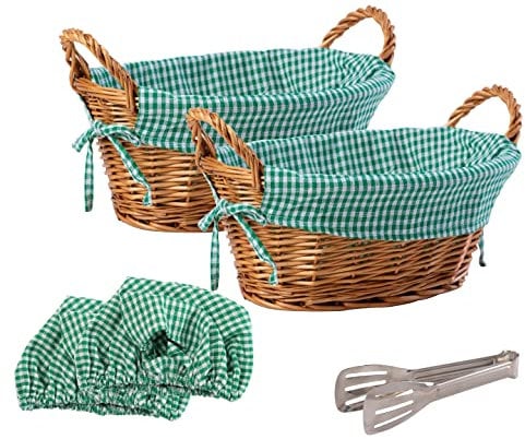 eGenuss 2 cestas de pan de mimbre grueso rural + 2 insertos de algodón extraíbles + 2 cubiertas de cesta de algodón transpirable + 1 pinza de acero inoxidable | Verde
