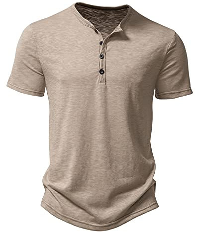 Men's Casual Grandad Collar Henley T Shirt Muscle Fit Summer Smart Short Sleeve 4 Buttons Tee Slim Fitted Collarless Polo T-Shirts Tops-Khaki-L
