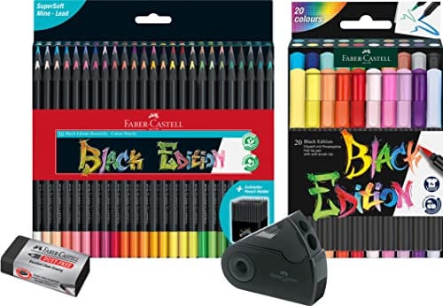 Faber-Castell - Buntstifte Blackwood, 50er Etui, leuchtende Farben mit weichem Abstrich, schwarzes Holz (50er Malset) inkl. Filzstift Black Edition 20er, Spitzdose Sleeve und Radierer Dust-free