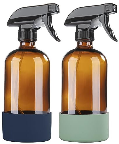 HOMBYS Empty Glass Amber Spray Bottles with Silicone Sleeve Protection - Refillable 16 oz Containers for Cleaning Solutions, Essential Oils, Misting Plants - Quality Sprayer -(2 Pack Amber)