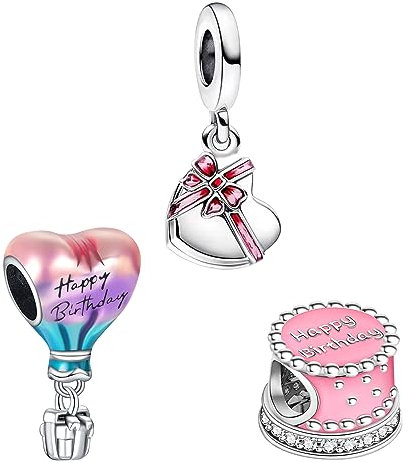 Doyafer 925 Sterling Silber Geburtstag Charms Set Kuchen herzförmige Anhänger Perlen für Frauen Armbänder Halskette Geburtstag Geschenk Charms 3-Stück/Paket