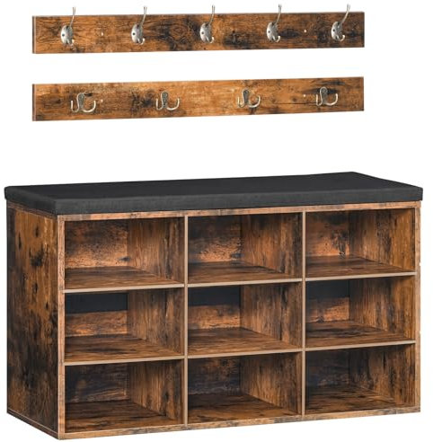 HOOBRO Garderobe Schuhregal Set, Schuhbank mit 9 Fächern, Schuhregal mit gepolsterter Sitzbank, Wandgarderobe mit 9 Haken, Schuhschrank für Flur, Eingangsbereich, Schlafzimmer, Vintagebraun EBF89HX01