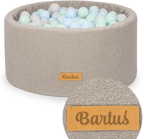 Flumi Personalisierte Bällebad Baby ab 1 Jahr - Bällepool Kinder 90x40cm mit 200 Bällebad Bälle ∅ 7cm in EU hergestellt - Oeko-TEX und CE-Zertifiziert - (grau Teddy)