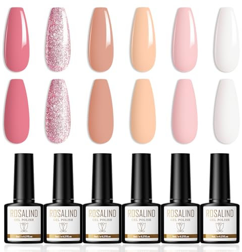 ROSALIND Vernis Semi Permanent 6 Couleurs Vernis Gel Rose Foncé Pailleté Rose Pale Blanc 8ml UV LED Gel Nail Polish Soak Off Vernis à Ongles Convient Pour Manucure DIY, Salon de Manucure