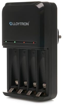 LLOYTRON Ultra Fast Smart AA/AAA LCD Home Battery Charger for NiMh Rechargeable Batteries - Charge 1 or 4 Batteries at Once - Fully Charged Indicator - B1508 - Black
