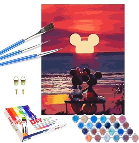 QDUODUO Malen Nach Zahlen Kinder Erwachsene, 40x50cm Groß Cartoon Anime Micky Minie Maus Painting Bastelset mit Leinwand Pinseln Acrylpigment, DIY Gemälde Basteln Kit für Jungen Mädchen ab 6 Jahre