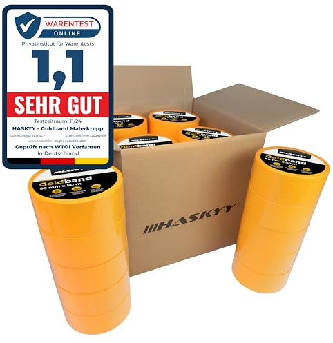 HASKYY Goldband Malerkrepp Kreppband 20x Malerband 50mm x 50m Profi Abdeckband Malertape Klebeband Washi Tape Gold Papiertape Selbstklebend