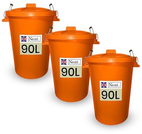 Neat. 90L Large Plastic Bins, Heavy Duty Kitchen Bin with Metal Handle, Dustbin with Lid for Easy Refusal, Orange - 3Pack