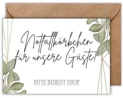WBdesignz Stilvolle Karte für Notfallkörbchen mit Umschlag - Nette Geste für Gäste Elegante Hinweiskarte für Hochzeiten Geburtstage Taufen Feiern (DIN A6)