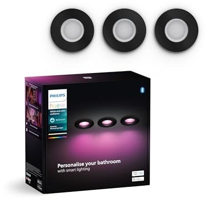 Philips Hue White & Color Ambiance Xamento Einbauspots 3er Pack (1.050 lm), dimmbare Badezimmerlampen mit 16 Mio. Farben, smarte Lichtsteuerung über Sprache und App, schwarz, neue Generation
