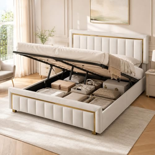 JOROBURO Polsterbett Doppelbett 140x200 cm mit Bettkasten, Hydraulisch Stauraumbett, Jugendbett Bettgestell mit Kopfteil und Lattenrost, Boxspringbett Funktionsbett,Samt, ohne Matratze, Beige