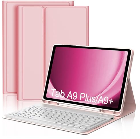 FOGARI Samsung Galaxy Tab A9 Plus/A9+ Keyboard Case, UK Layout Detachable Bluetooth Keyboard Slim Smart Case with Pencil Holder for Galaxy Tab A9 Plus 11 inch 2023, Pink