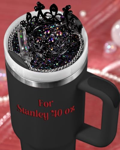 OffiEase Deckel Namensschild Topper für Stanley Cup 1,2 l – Krone, niedliches Zubehör, Dekoration für Becher, Wasserflasche, Glitzer, Bling-Dekor für Frauen und Mädchen, Schwarz