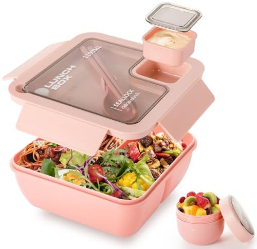 Dyserbuy Bento Lunch Box, Bento Box Set with Insulated Bag, Cutlery, Soup Cup, Leakproof Lunch Boxes with Compartments, Lunchbox Adults and Kids for Office, School, Picnic or Travel (Pink)