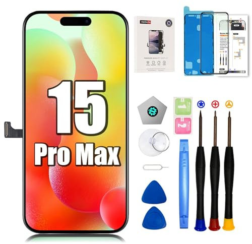 EFAITHFIX Ersatzbildschirm für iPhone 15 Pro Max, 16,7 cm (6,7 Zoll), LCD, COF, 3D-Touch-Display, Full HD, Digitizer, Rahmenmontage (A2849, A3105, A3106, A3108) mit Reparaturwerkzeugen,