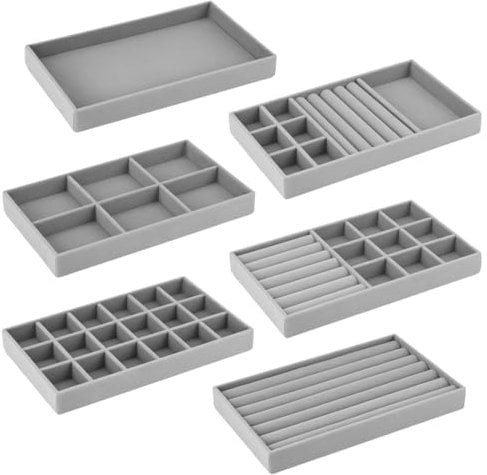 QWORK® 6 Stück Stapelbarer Schmucktablett Organizer aus Samt - 21x12x2.5cm - Schubladeneinsatz für Halsketten, Armbänder, Ringe und Ohrringe